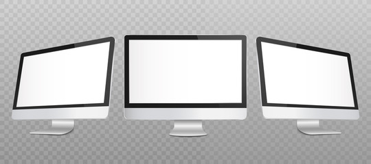 Realistic silver and gray computer screen and display, pc monitor and modern device.