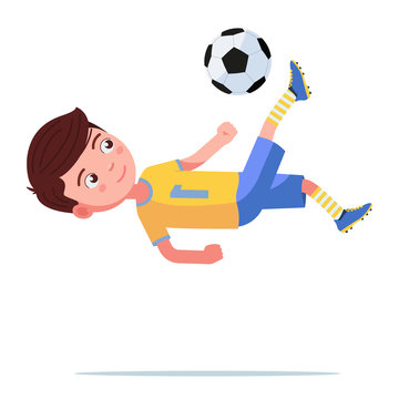 Boy soccer player kicks the ball in a flip jump