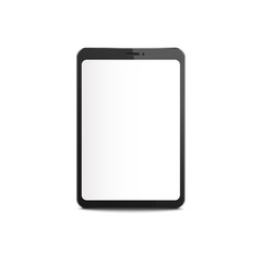 Black tablet mockup with blank white screen, realistic digital device display