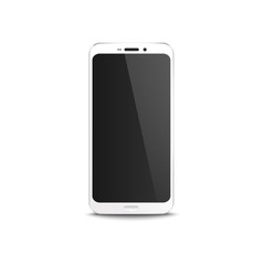 White mobile phone with black blank display, realistic mockup of modern smartphone with locked home screen