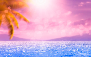 Fototapeta na wymiar Blurred summer natural marine tropical blue background with palm leaves and sunbeams of light. Sea and sky with white clouds. Copy space, summer vacation concept, Sunset landscape, purple filter