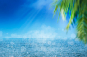 Fototapeta na wymiar Blurred summer natural marine tropical blue background with palm leaves and sunbeams of light. Sea and sky with white clouds. Copy space, summer vacation concept