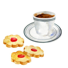 Cup of coffee with cookies in watercolor