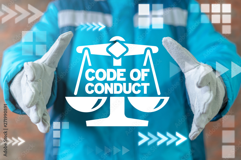 Poster code of conduct industrial workers relationship concept. worker offers scales with code of conduct c