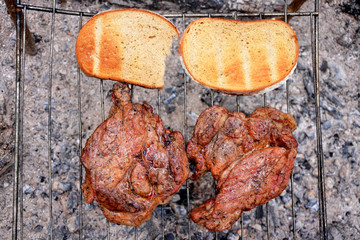 grilled meat  steak camping lunch in nature simple food yummy