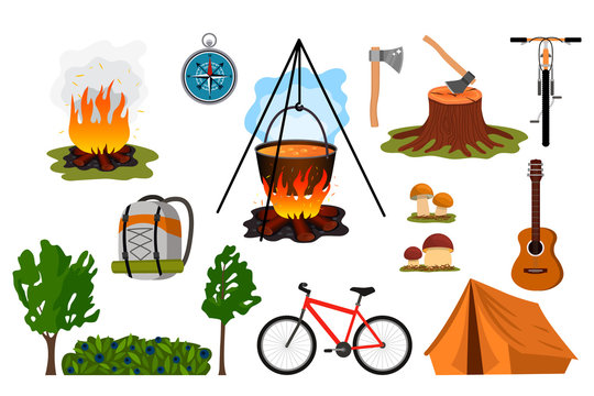 set of symbols of hiking green tourism which are tent, campfire, backpack, cauldron, compass. Flat vector illustration.