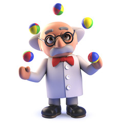 Crazy mad scientist professor juggling balls in 3d