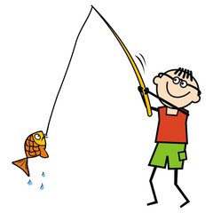 Fisher, funny person with fishing rod and fish, humorous vector illustration