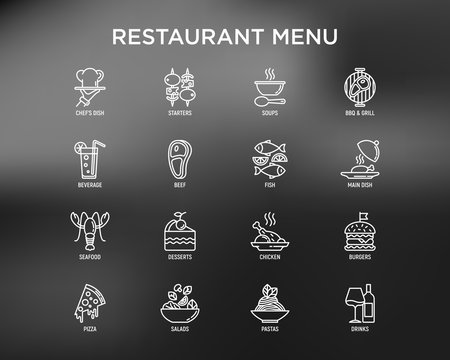 Restaurant menu thin line icons set: starters, chef dish, BBQ, soup, beef, steak, beverage, fish, salad, pizza, wine, seafood, burger. Modern vector illustration for black theme of website.