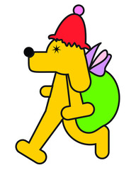 yellow puppy in a red cap and with a green backpack