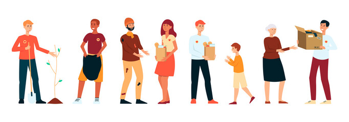 Set of volunteers people doing different charity activities cartoon style