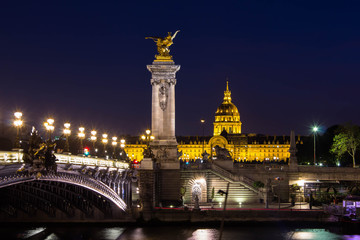 Night illuminated view of The Pont Alexandre the third above the Seine river and The Petit Palais, small palace art museum in Paris. Bright night cityscape and illumination. Embankment of the river.