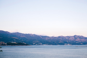 sunset on the adriatic sea. Evening in the Old Town of Budva. Montenegro, Balkans, Europe. picturesque panorama of the old town of Montenegro.