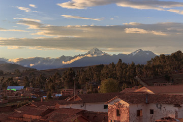 sunset over peruvian village Chinchero in the andes, peru