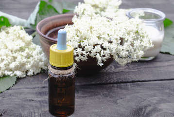 Elderberry bottled oil, fresh flowers.