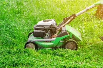 Lawn mower mows the grass in the park. Landscape design, garden work