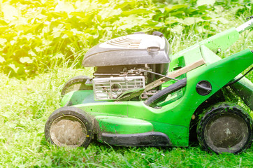 Lawn mowing petrol lawn mower in the park. Upgrading the territories. Landscape design, garden work