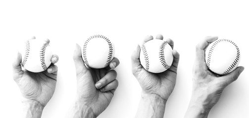 Baseball sport concept with hand holding ball in different positions.  Athlete and balls closeup...