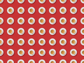 seamless background pattern with coffee in cups and saucers on red background