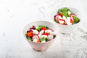 Salad with cherry tomatoes, radsh and mozzarella, lettuce mix