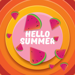 Vector Hello Summer Beach Party Flyer Design template with fresh watermelon slice isolated on abstract circle orange background. Hello summer concept label or poster with fruit and typographic text