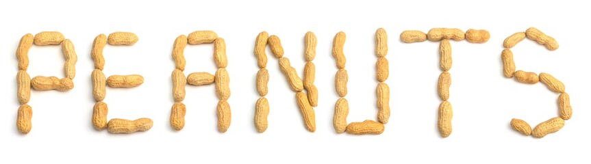 Peanuts als Text auf weißem Hintergrund freigestellt. Erdnüsse in Text Form. Nusstext auf weißem Hintergrund. Nüsse als Text. - 271997446