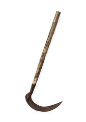 old rusty scythe on a white background