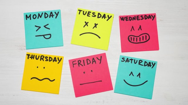 post-it notes with smiles and days of week. Different emotions. Stop motion.