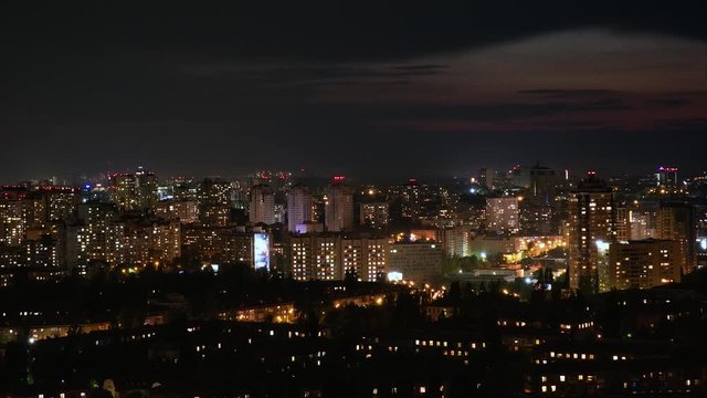 Time Lapse Of Kiev City At Night, Ukraine. Panorama.