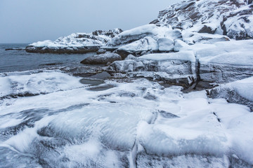 Barents Sea or Arctic Ocean Shore. Kola Peninsula winter landscape