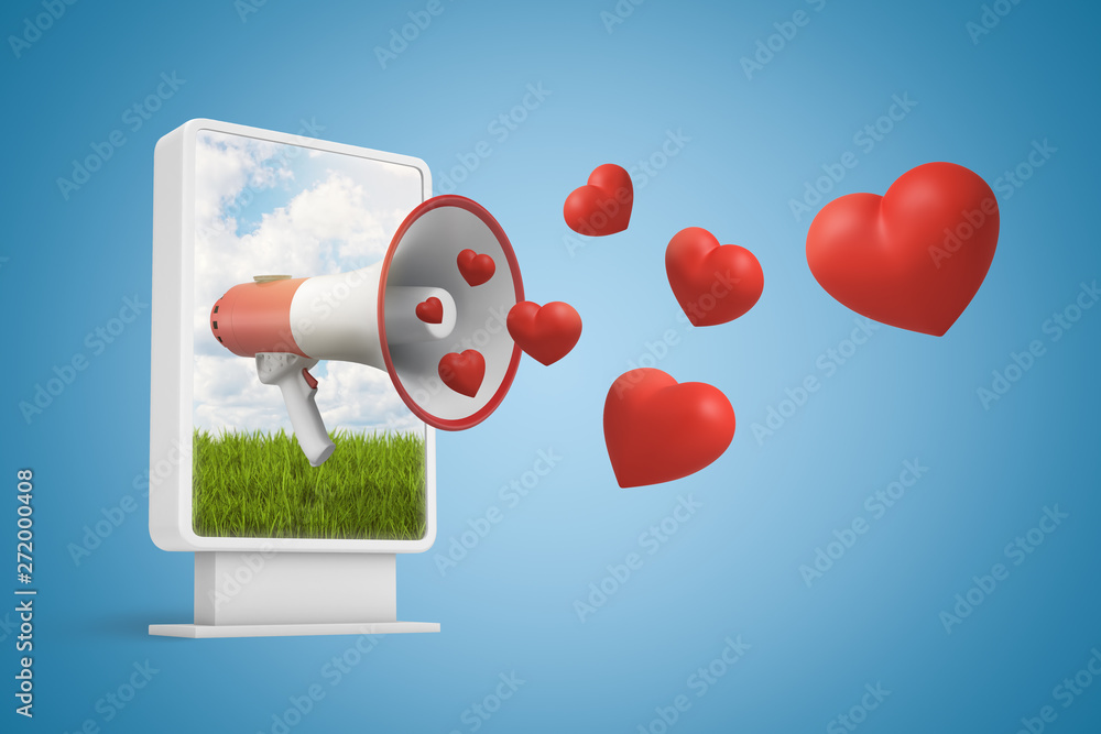 Poster 3d rendering of digital information display with megaphone on screen out of which red hearts are fly