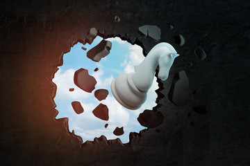 3d rendering of white chess knight breaking black wall