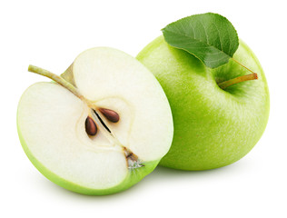 Ripe green apple fruit with half and green apple leaf isolated on white background. Green apples with clipping path. Full Depth of Field