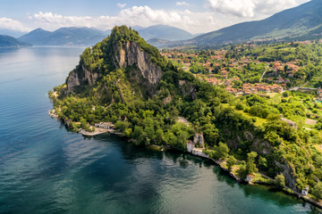 Aerial view of Rocca of Calde and Lake Maggiore, Castelveccana, Italy