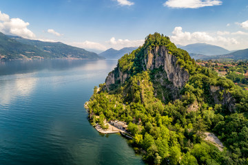Aerial view of Rocca of Calde and Lake Maggiore, Castelveccana, Italy