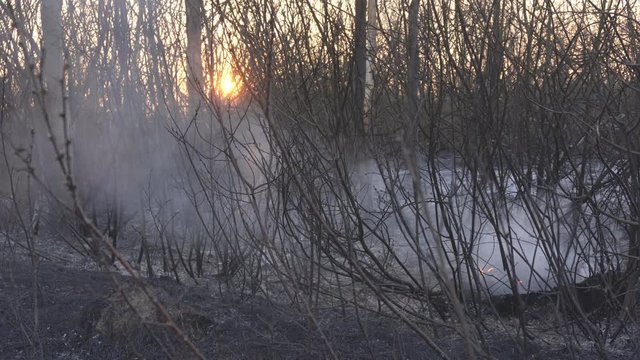 Burning tire wheels on the background of the ruins after the shelling and military operations against the backdrop of a sunset, smoke, background