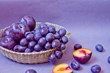 Grapes and plums in a silver basket on a gray background.