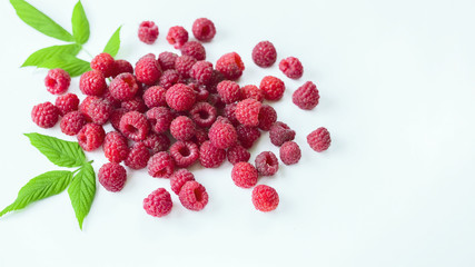 fresh raspberries and green leaves on a white background close-up. background with fresh raspberry berries.