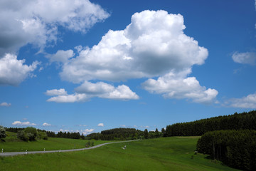 Landstraße in der Eifel und grüne Wiesen und Wald und blauer Himmel mit weißen Wolken - Stockfoto