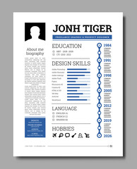 Cv resume template vector with a timeline of work, training, description of skills, hobbies and other information