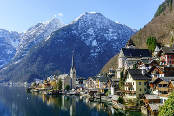 Scenic view of the Austrian town of Hallstatt, only accessible by boat, surrounded by the Austrian Alps.