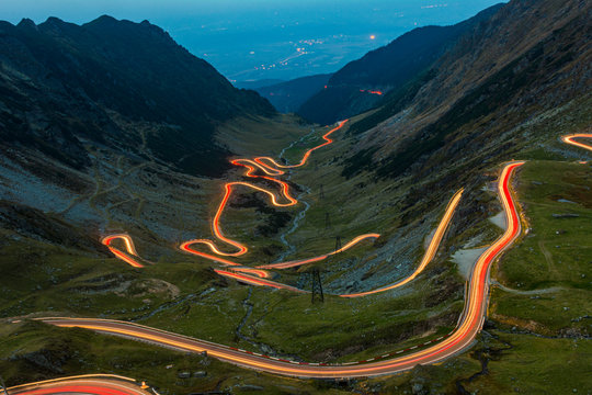 Traffic trails on Transfagarasan pass,rossing Carpathian mountains in Romania, Transfagarasan is one of the most spectacular mountain roads in the world.