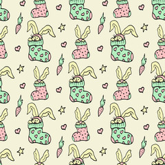 Socks and cute funny rabbits seamless pattern, vector