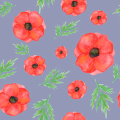 seamless pattern from poppies on a blue lilac background. hand painted watercolor. for design, textiles, print