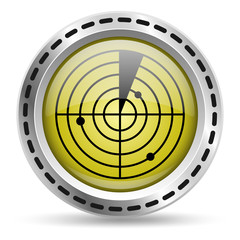 Radar icon. Yellow glossy button for web design. Metal case. Vector.