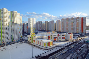 New school in the area of new buildings in Khimki in winter
