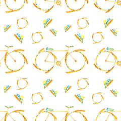Seamless pattern flower spring summer bike on white background. Hand drawn watercolor illustration on paper.  Yellow bicycle with meadow flowers blue and ears of cereal: wheat, rye. Ecology 