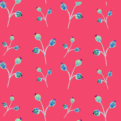 Flower pattern watercolor hand drawn illustration. Green and blue flower with calyx round fruit buds, briar and leaves. Isolated on pink background.