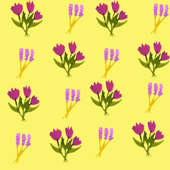 Fototapeta na wymiar Flower pattern watercolor hand drawn illustration. Purple flowers: tulips, lilac, lavender. Isolated on yellow background