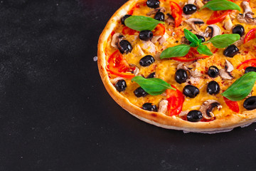 pizza, mushrooms, olives, chicken, tomato sauce, cheese (pizza ingredients). hot pizza. Top view. copy space